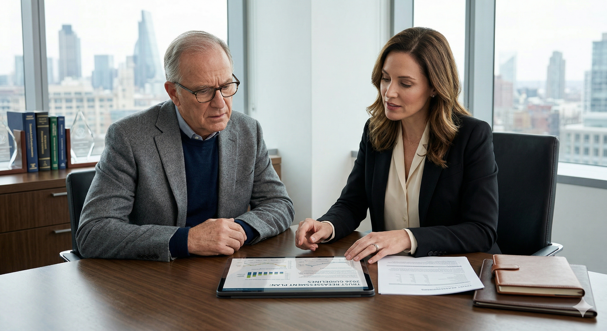 Law office with two people discussing paperwork.