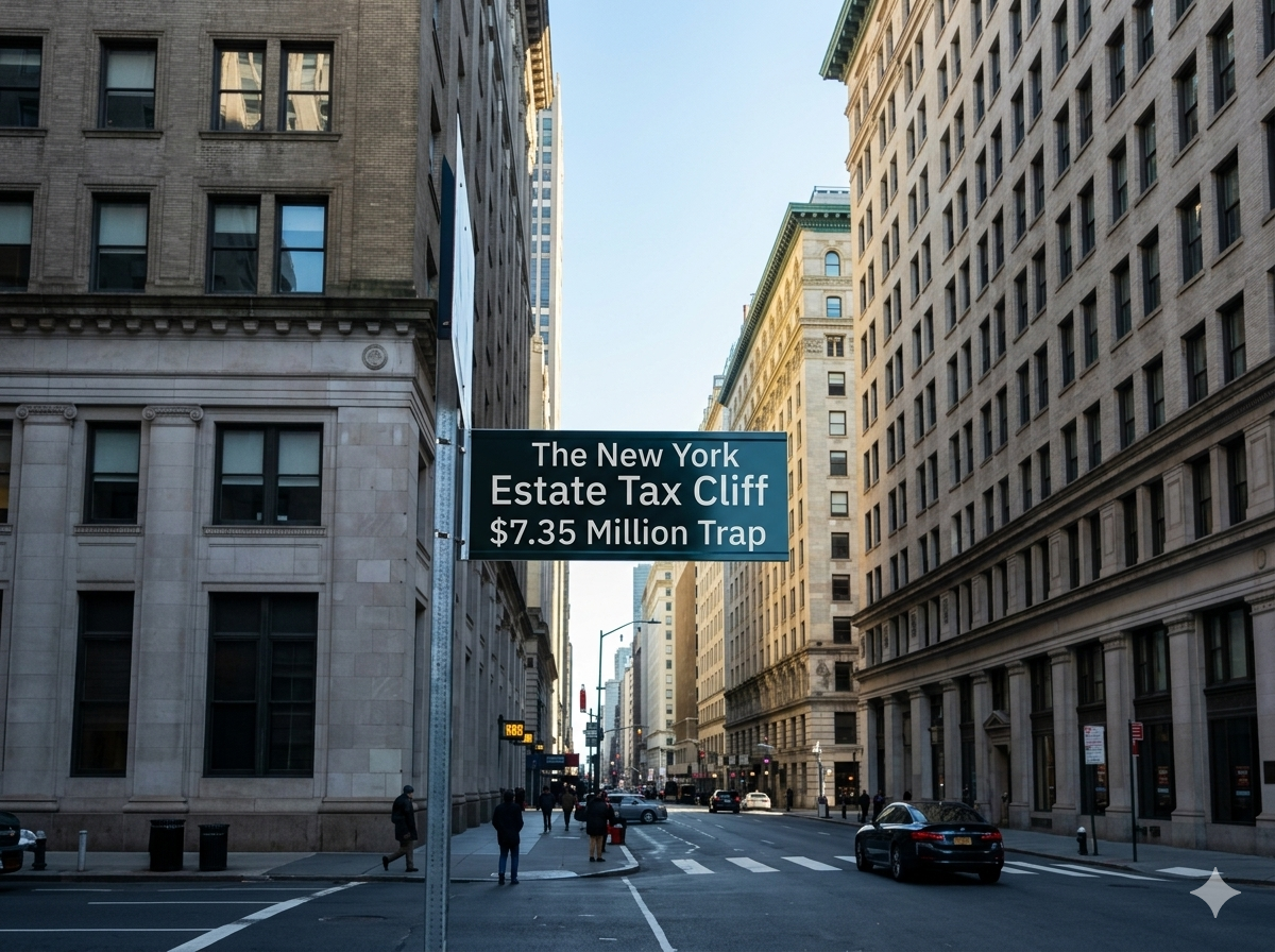 New York Street Sign that reads: The New York Estate Tax Cliff $7.35 Million Trap