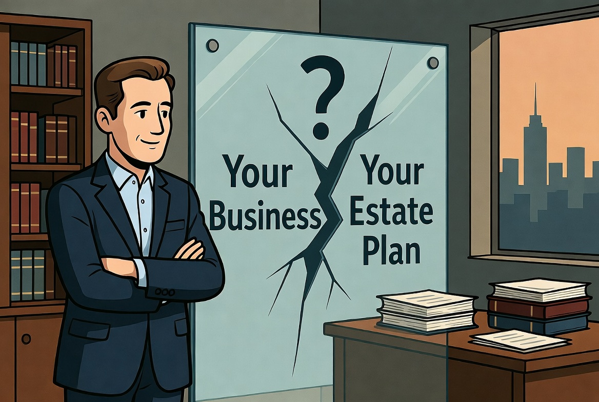 a business owner reviewing awhiteboard about the connection between his business and personal estate plan.